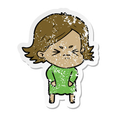 distressed sticker of a cartoon angry girl