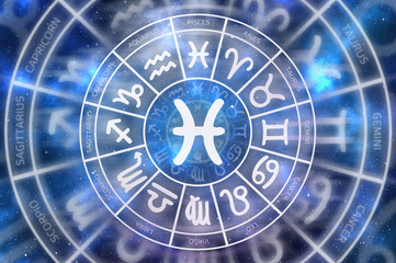Zodiac Pisces symbol inside of horoscope circle