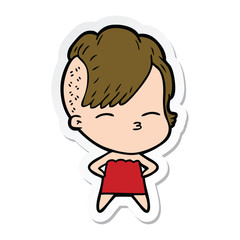 sticker of a cartoon squinting girl in dress