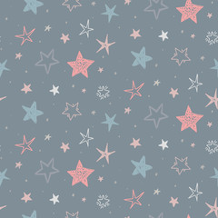 Vector holiday seamless pattern with hand drawn stars. Endless festive background.