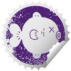 quirky distressed circular peeling sticker symbol fish