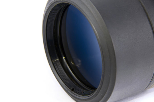 Photo Lens Closeup With Blue Tint On White Background.