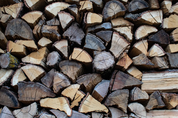 Wall of firewood, neatly stacked, in italian country house