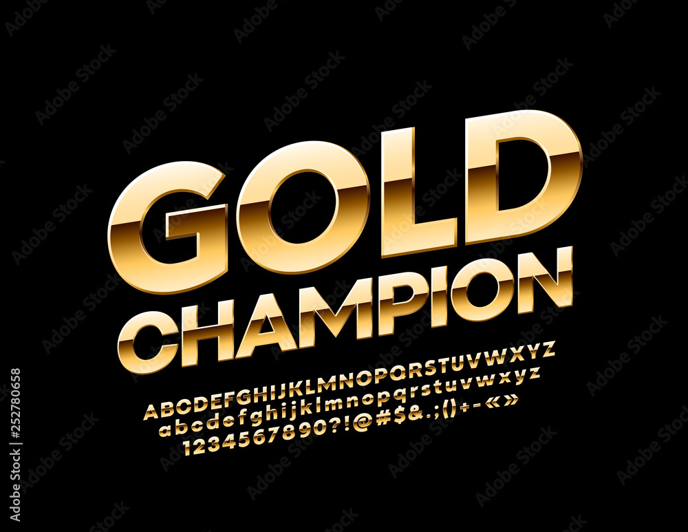 Wall mural vector glossy label gold champion with golden alphabet letters, numbers and symbols. rotated exclusi