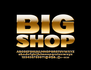 Vector elite Logo Big Shop. Luxury bold Font. Golden abstract Alphabet Letters, Numbers and Symbols.