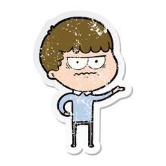 distressed sticker of a cartoon annoyed man