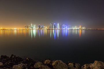 DOHA, QATAR – APRIL 08 2013: Skyline of Doha in westbay Qatar from Doha port.