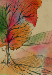 Tree drawing. Ink and watercolor sketch. Colorful autumn landscape.