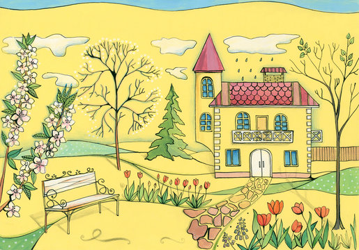 Spring day in village. Colorful drawing of house in flowering garden in may. © Happy Dragon