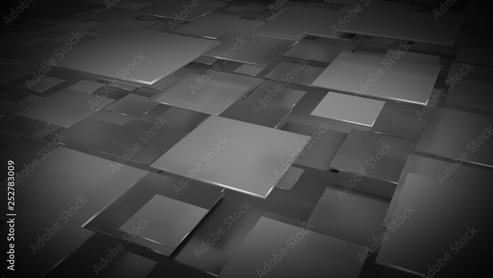 Poster layers of dark gray squares 3d rendering