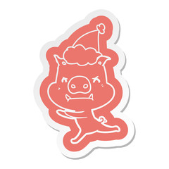 angry cartoon  sticker of a pig wearing santa hat