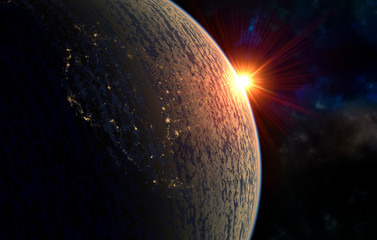  realistic render of the earth seen from space,sunrise over North America