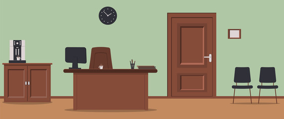 Office corridor on green background: waiting area for visitors with chairs and wooden boards on floor.The coffee-machine,door to the cabinet with a sign on wall, navy wall clock.Vector illustration
