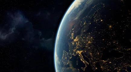 Foto op Plexiglas realistische weergave van de aarde gezien vanuit de ruimte, zichtbare lichten van Europese steden & 39 s nachts. Elementen van deze afbeelding geleverd door NASA. 3D-rendering © Mike Mareen