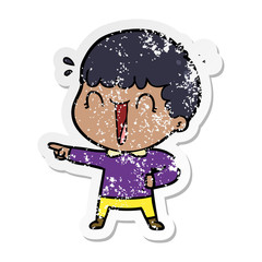 distressed sticker of a laughing cartoon man pointing finger