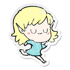 distressed sticker of a happy cartoon elf girl running