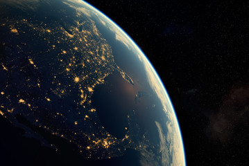  realistic render of the earth seen from space,visible lights of American cities at night.Elements...