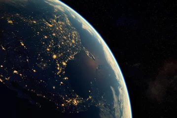 Tuinposter  realistic render of the earth seen from space,visible lights of American cities at night.Elements of this image furnished by NASA. 3d rendering © Mike Mareen