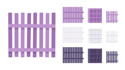 Fence wooden barrier set, home and land protection element. Decoration boundary for street or neighborhood privacy. Vector flat style cartoon illustration isolated, white background, different views