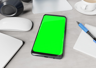 Modern smartphone laying on desktop mockup 3d rendering