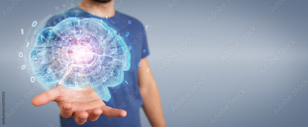 Poster businessman creating artificial intelligence in a digital brain 3d rendering
