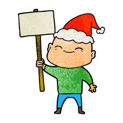 happy textured cartoon of a bald man wearing santa hat
