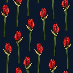 Beautiful blooming seamless pattern with red Lilies flowers bud, tropical exotic plant. Hand drawing illustration on black background.