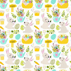Seamless pattern with Easter bunny and pie