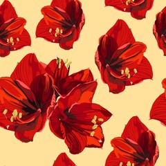 Beautiful blooming seamless pattern with blooming red Lilies flowers, tropical exotic plant. Hand drawing illustration on yellow background.