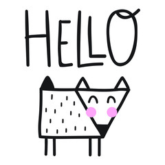 Cute fox say hello. Scandinavian, nordic style. Cute simple hand drawn vector illustration design. Best for nursery, childish textile, apparel, poster, postcard.