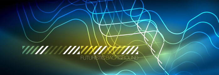 Neon glowing techno lines, hi-tech futuristic abstract background template with square shapes