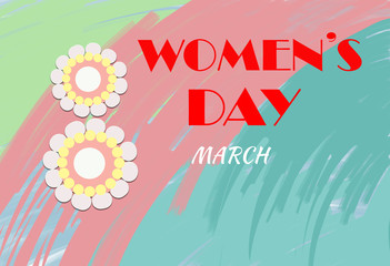 Greeting card with the International Women's Day on the eighth of March. Graphic design, illustration
