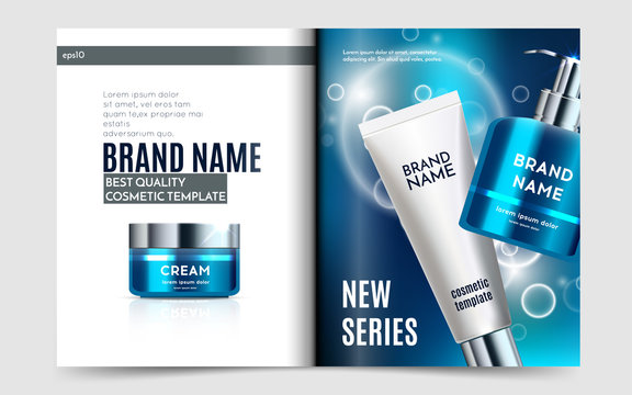 A beautiful cosmetic templates. Creative magazine design with skin care products. Realistic 3d bottle, white tube and jar for moisturizing cream Vector, eps10