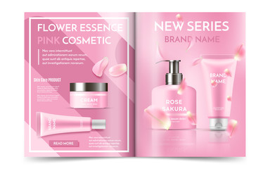 Pink cosmetic magazine design with realistic skin care bottles and tubes on a pink background with rose sakura petals