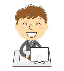 デスクトップパソコンの前に座っている黒いスーツの男性