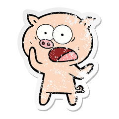 distressed sticker of a cartoon pig shouting