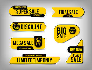 Set of yellow Sale banners, discount tags, special offer. Website stickers with shadows on a gray abstract background,flat web page design. Vector elements