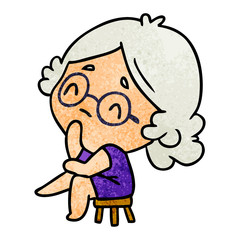 textured cartoon of a cute kawaii lady thinking