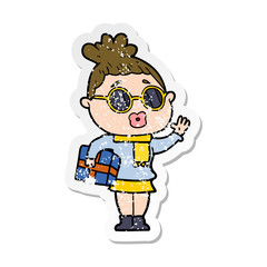 distressed sticker of a cartoon woman wearing sunglasses