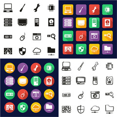 Fototapeta na wymiar Computer Repair or Computer Service Icons All in One Icons Black & White Color Flat Design Freehand Set