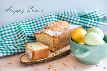 green and yellow eggs, Easter, cupcake, happy Easter inscription, towel