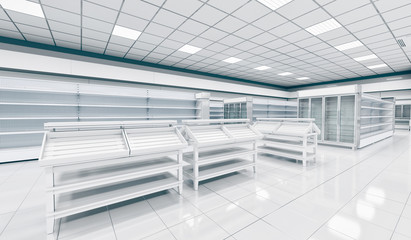 The trading floor of the supermarket with shelf shelves. 3d illustration