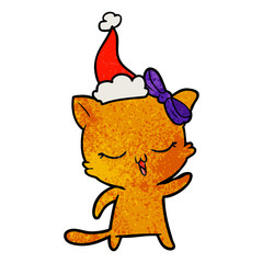 textured cartoon of a cat with bow on head wearing santa hat