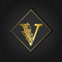Golden letter V with elegant floral contour isolated on colorful separate background. Premium letter V or background great for logo, monogram, invitation, flyer, menu, brochure, card, cover, fashion