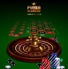 Casino advertising with roulette and elements of casino games on a green background.  3D vector. High detailed realistic illustration.