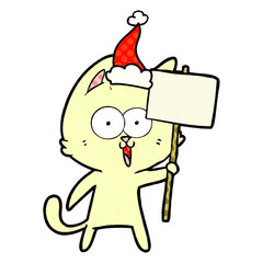 funny comic book style illustration of a cat with sign wearing santa hat