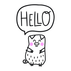 Cute pig say hello. Scandinavian, nordic style. Cute simple hand drawn vector illustration design. Best for nursery, childish textile, apparel, poster, postcard.