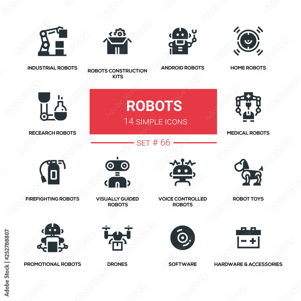 Poster robots concept - line design style icons set