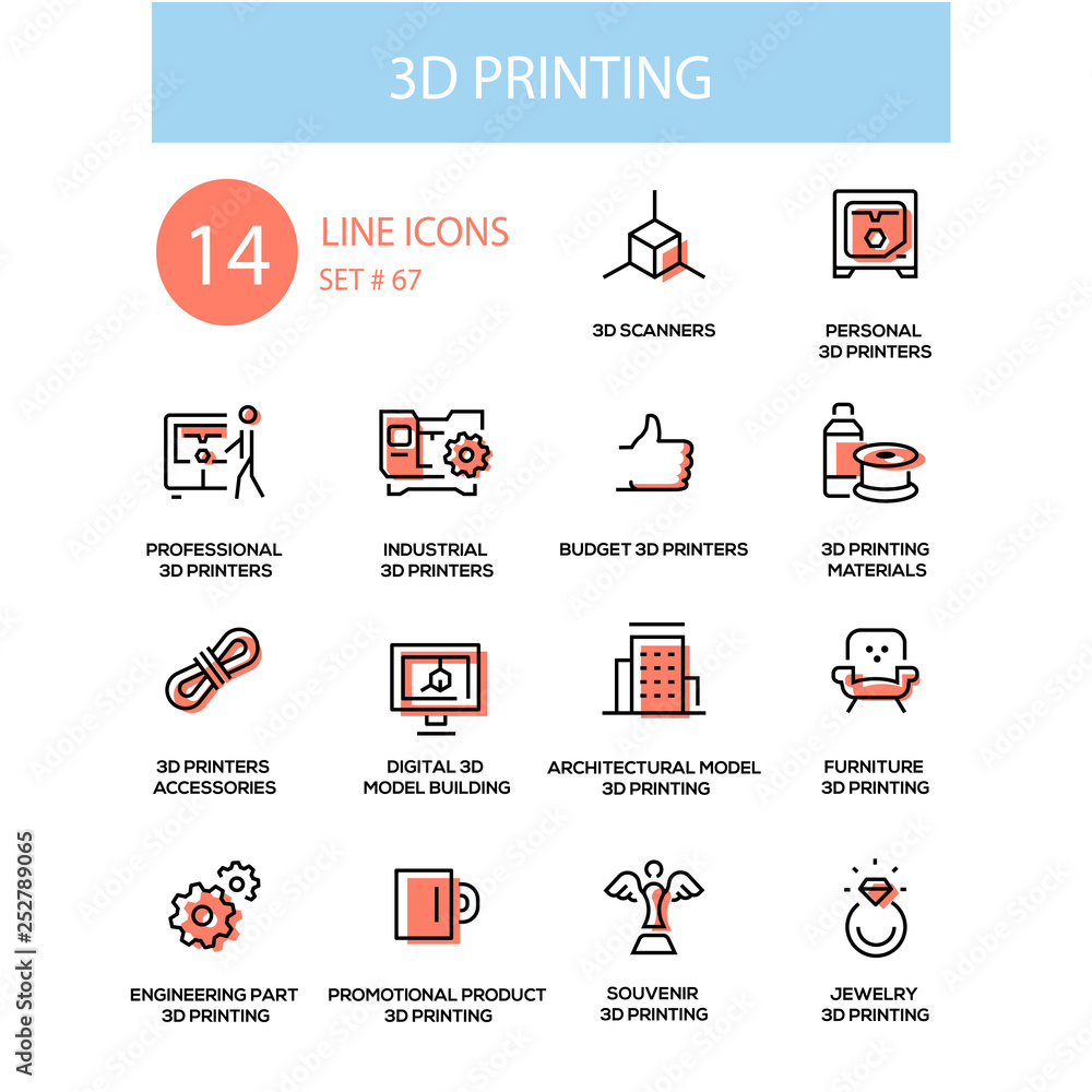 Poster 3d printing - line design style icons set