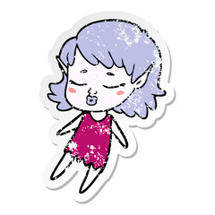 distressed sticker of a pretty cartoon elf girl flying